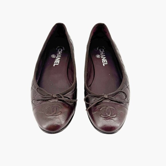 Chanel CC Cap Toe Ballet Flats EU 37 US 6-6.5 Brown Quilted Leather Loafer Shoe - Picture 2 of 12